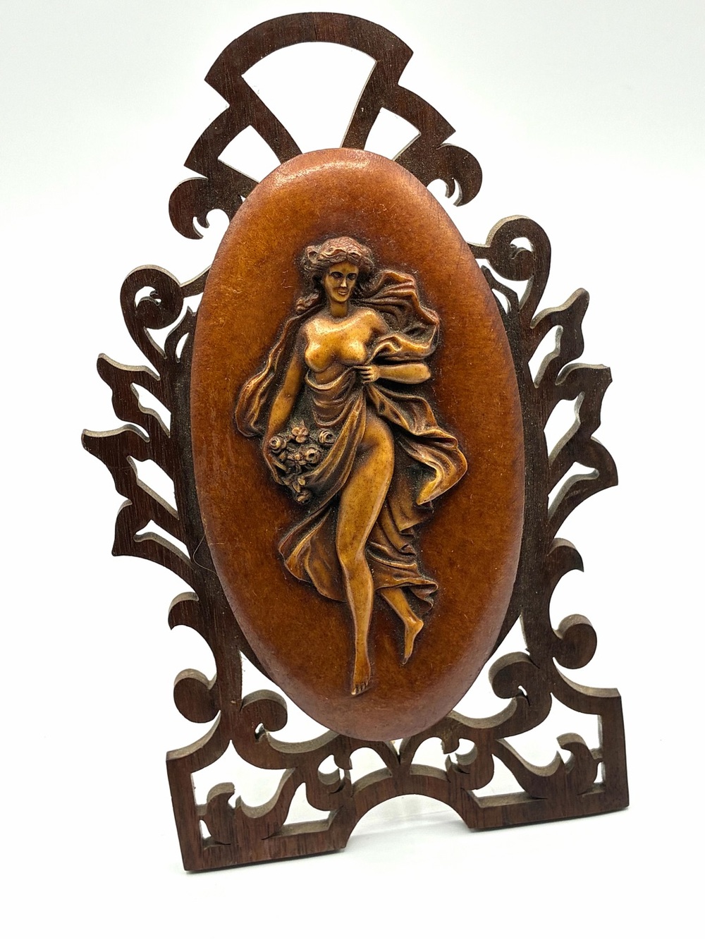 Vintage Art Nouveau Style Nude Maiden Wood & Resin Relief Plaque